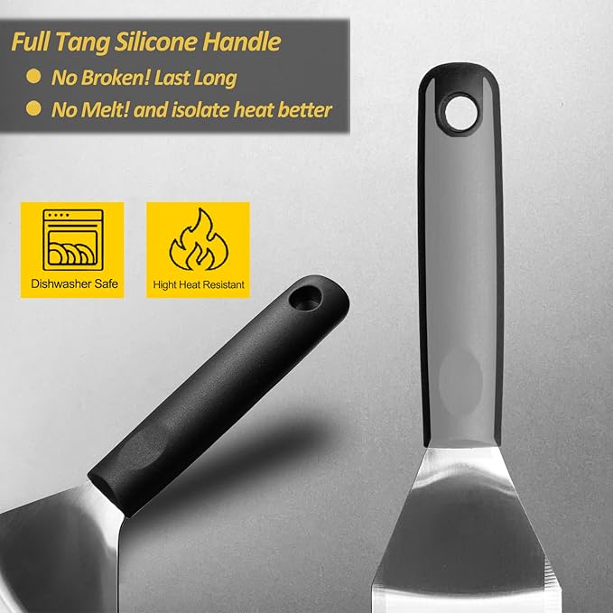 Professional Metal Spatula for Cast Iron Skillets and Flat Top Grills, Full Tang Silicone Handle, Stainless Steel Blade, Smash Burger Spatula Turner for Flipper, Cooking, BBQ, 3"x8"