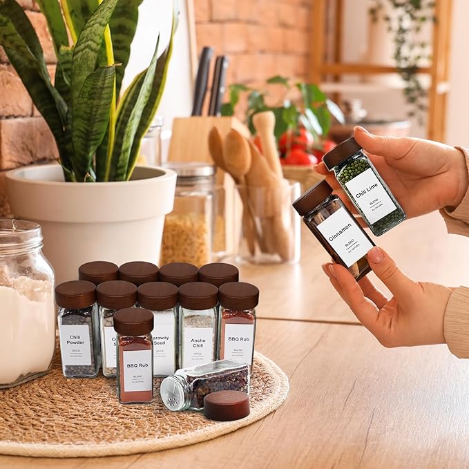 30 Pcs Spice Jars, 4oz Seasoning Containers with Acacia Wood Shaker Lids, Glass Spice Bottles with Labels, Square Seasoning Organizer, Kitchen Spice Container