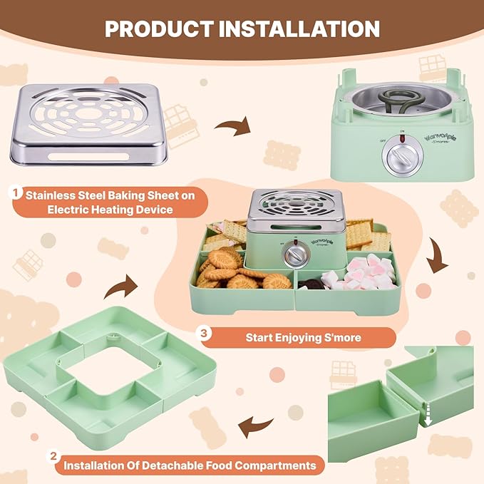 Electric Smores Maker - Indoor Smores Kit with 4 Detachable Trays, 4 Stainless Steel Forks - Flameless Smores Maker Tabletop Indoor Kit (Green)