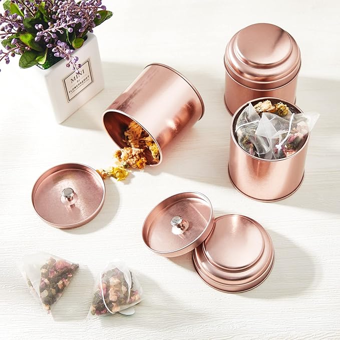 Meanplan 12 Pcs Tea Tin Canister with Airtight Double Lids Round Tin Can Box Small Kitchen Tea Canister Loose Leaf Storage Containers for Loose Bags Coffee Sugar Candy Spices(Rose Gold,8 oz)