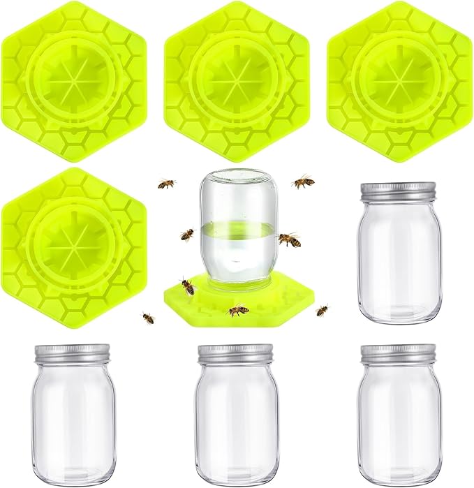 4 Pack Bee Feeder for Mason Jar Bee Watering Station Garden Silicone Sugar Water Feeder Beekeeping Drinking Equipment Tools with Mason Jars for Drinking Water(Yellow,Hexagon)