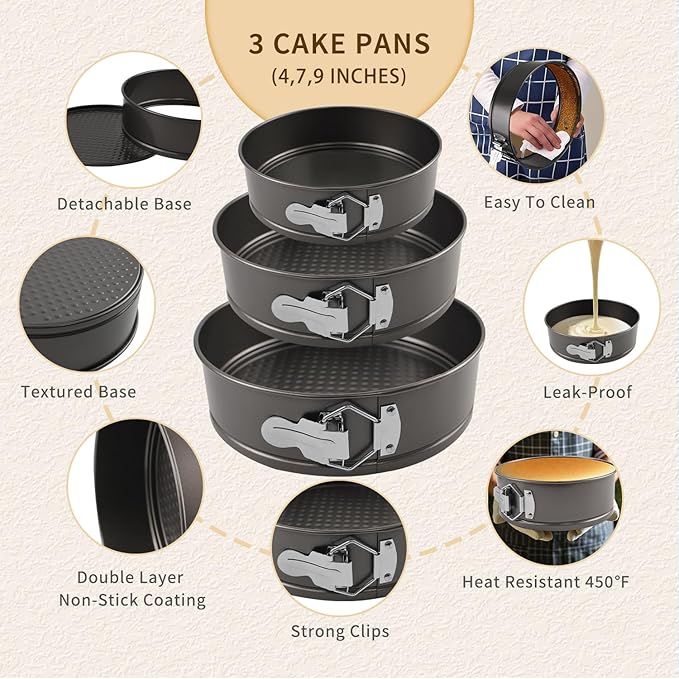 Springform Pan Set, 4" 7" 9" Nonstick Cheesecake Pan, Round Cake Pans, Leakproof Cake Tins with Removable Bottom, Springform Cake Pans Baking Pans