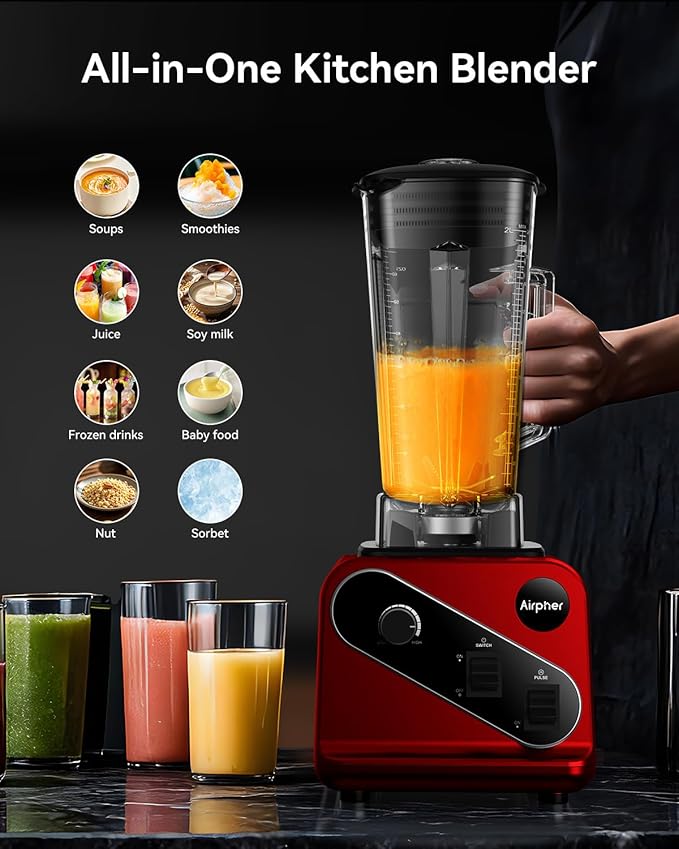 Blender 1200W, Professional Countertop Blender with 8-Blade Stainless Steel Blade for Quickly Crushing Ice, Fruit, Red