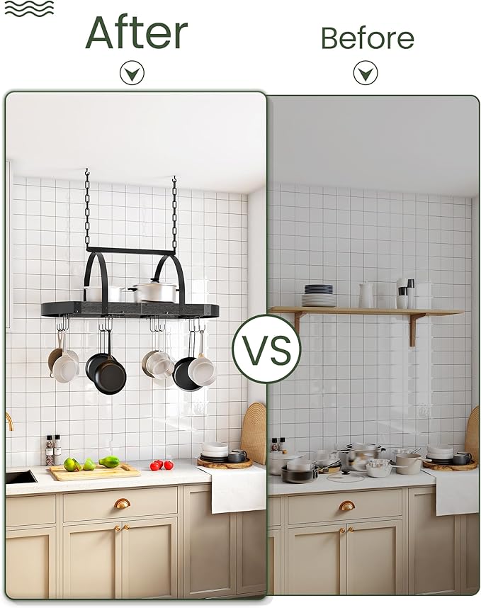 CHOEZON Hanging Pot Rack, Pot Hanger for Kitchen, Ceiling Mounted Pot Holder, Cookware Organizer with 12 S-Shaped Hooks, for Pot, Pan Storage, Space-Saving, Charcoal Black and Black TPR08BCC1