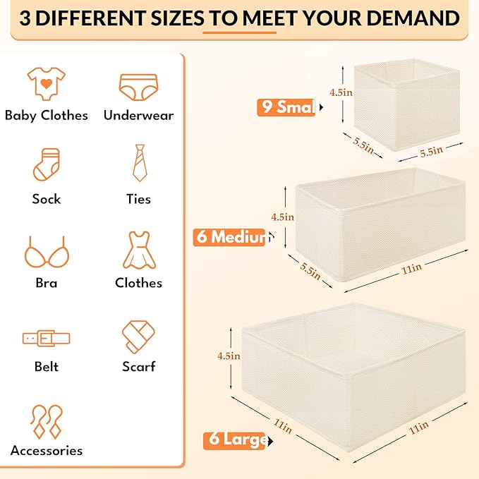 FANS-ONE Drawer Organizer Clothes, 21 Pack Dresser Organizer for Baby Clothes, Underwear, Socks, 3 Sizes Foldable Closet Organization and Storage Bins for Nursery, Bedroom (Light Beige)