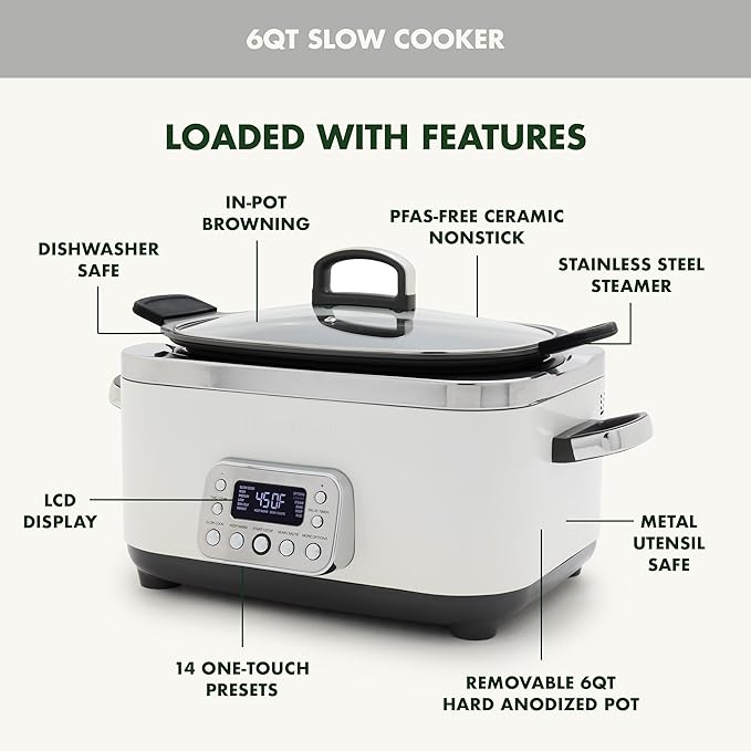 GreenPan Elite 14-in-1 Nonstick 6QT Electric Slow Cooker, PFAS-Free Ceramic Multi-Cooker, In-Pot Browning, Dishwasher Safe Lid & Removable Crock, Stainless Steel Steamer, Silicone Handles, White