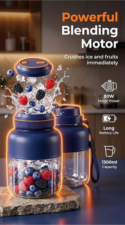Portable Wireless Juicer Cup - 44 oz Cordless Blender with 38-Blade 18000 RPM High-Speed Motor, USB-C Rechargeable Personal Smoothie Maker for Gym, Travel, and Outdoors (Single Cup-Blue,28oz)