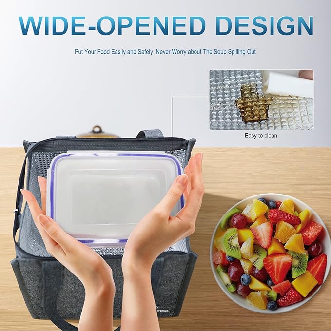 iknoe Insulated Lunch Bag for Women & Adults, 9L Foldable Wide-Open Cooler Bag with Pockets, Leakproof & Portable, for Picnic, Office, Beach(Plain grey)