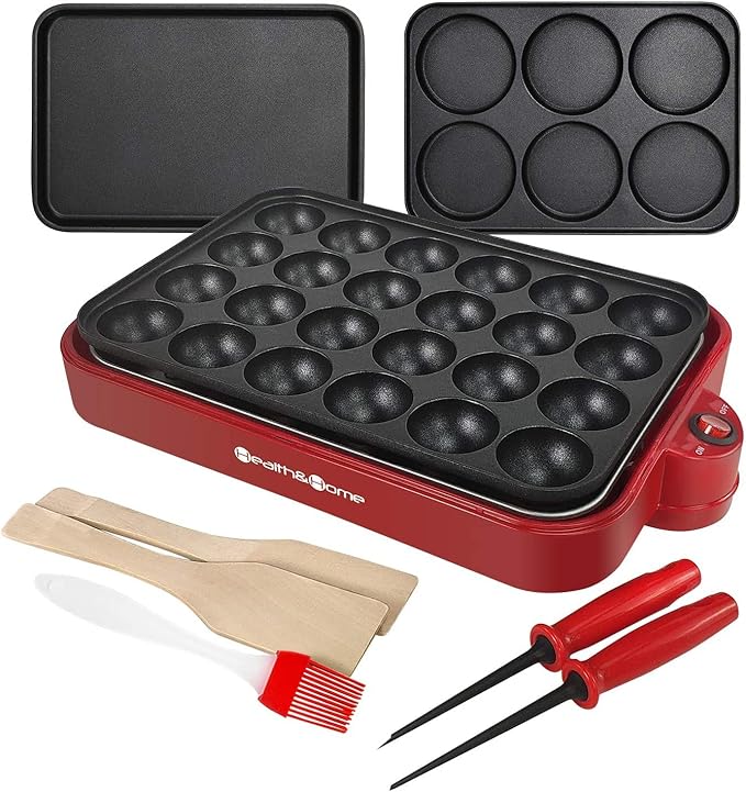 Health and Home Multifunction Nonstick Baking Maker with 3 Interchangeable Baking Plates for Fried Eggs, Fried Steak, Takoyaki, Cake Pops, Grill Maker, RED-1