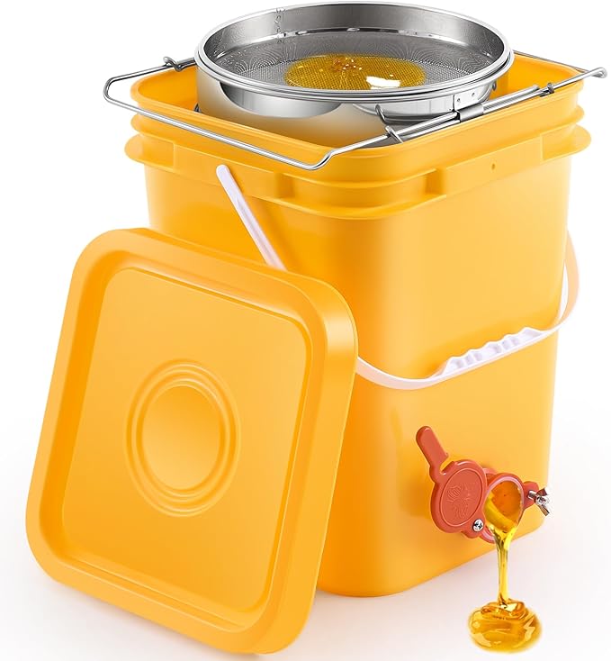 Threehoney 5 Gallon Honey Bucket with Spigot and Stainless Steel Filters Set Honey Extractor Equipment Food-Grade Bucket with Spigot for Bee Keeping Supplies Extracting Storage(Yellow,5 Gallon)