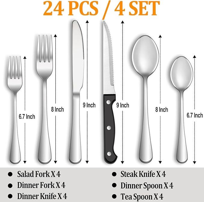 24 Pcs Silverware Set with Steak Knives Service for 4,Stainless Steel Flatware Set,Mirror Polished Cutlery Utensil Sets,Home Kitchen Eating Tableware,Include Fork Knife Spoon,Dishwasher Safe