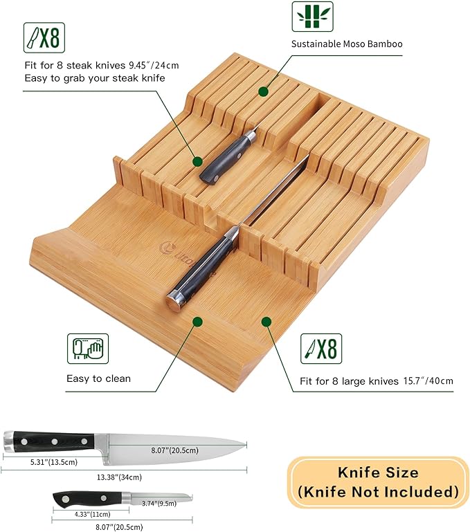 Utoplike In-drawer Knife Block Bamboo Kitchen Knife Drawer Organizer Large, handle Steak knife Holder without Knives, Fit for 16 Knife and 1 Sharpening Steel (Knives & Sharpening Not Included)