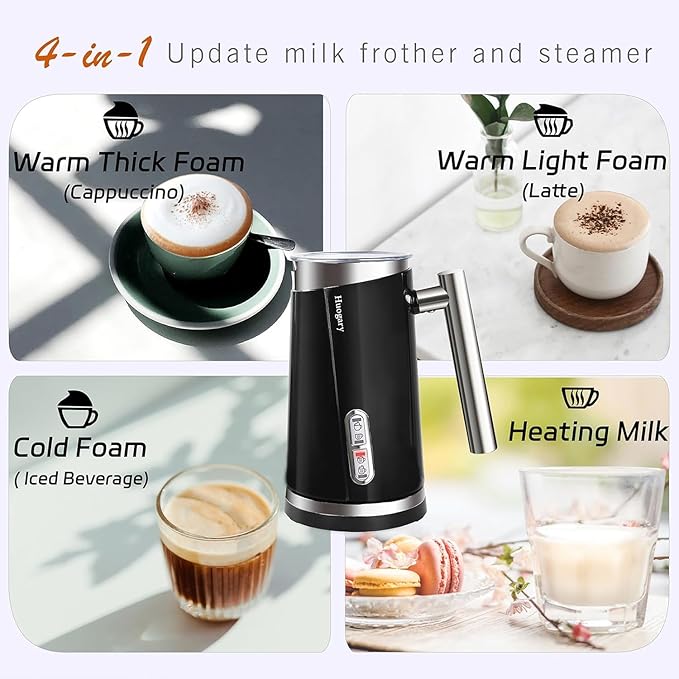 Huogary Milk Frother, 4 in 1 Electric Milk Steamer, Automatic Hot & Cold Foam Maker, Milk Warmer for Coffee, Latte, Cappuccino, Macchiato, 120V