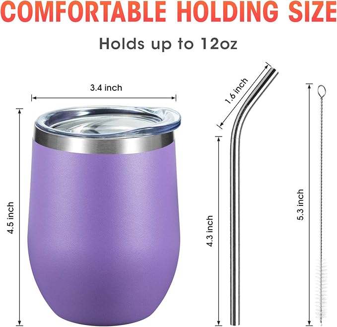 COMOOO Stainless Steel Wine Tumbler Bulk with Lid and Straw 12oz Double Wall Vacuum Insulated Travel Tumbler Cup Stemless for Hot and Cold Drinks, Coffee, Wine, Cocktails (Light Purple, 8 Pack)