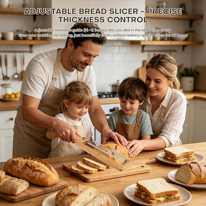 Adjustable Bread Knife for Homemade Bread Sourdough, 304 Stainless Steel Bread Slicer with Precision Slicing Guide, Bamboo Handle Bow Bread Knife with Extra Blade, Manual Bread Cutter Gift for Bakers