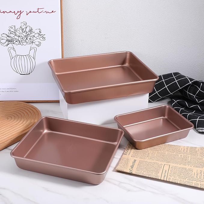 Deep Baking Pans Set of 3, Stainless Steel Sheet Cake Pan Nonstick Rectangle Cake-Baking Sheet, Metal Oven Tray 13/11/9 Inch for Cake Lasagna Brownie Casserole Cookie, Golden
