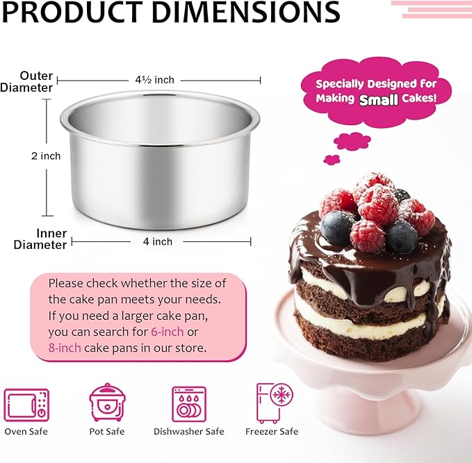 E-far 4 Inch Small Cake Pan Set of 4, Stainless Steel Mini Round Smash Cake Baking Pans, Non-Toxic & Healthy, Mirror Finish & Dishwasher Safe