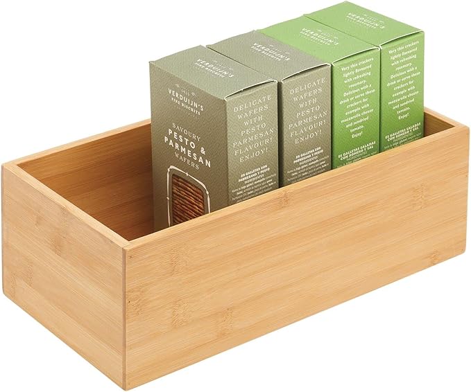 mDesign Bamboo Wood Organizer Storage Bin Box for Kitchen, Pantry, and Drawer Organization; Holder for Snacks, Juice Boxes, Utensils, Tea, Coffee - Echo Collection - 2 Pack - Natural