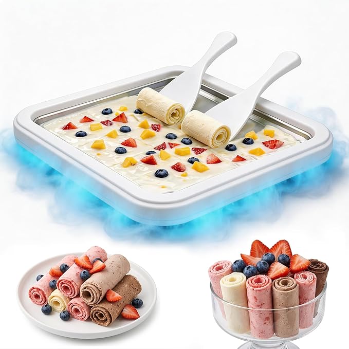 Rolled Ice Cream Maker,304 Stainless Steel Instant Ice Cream Machine with Ice Cream Tray – DIY Frozen Yogurt, Gelato, Sorbet & Slushie Maker Kit for Family Fun, Easy to Use & Clean (Mist White)