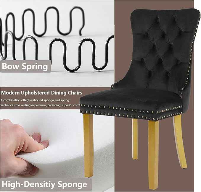 Velvet Dining Chairs Set of 4, Modern Tufted Dining Room Chair, Upholstered Dining Chairs with Lion Head Pulls Ring and Golden Solid Wood Legs, Luxury Kitchen Chairs for Dining Room, Black