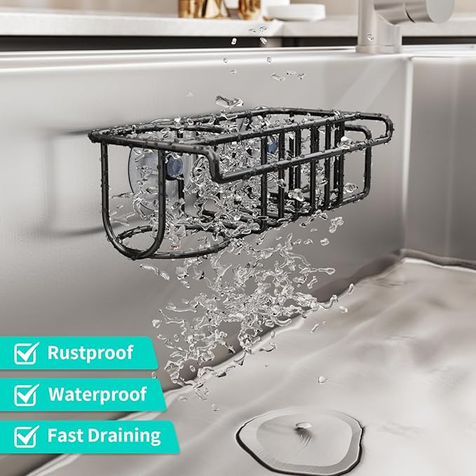 HapiRm 4 in 1 Kitchen Organizers and Storage, SUS304 Stainless Steel Brush Holder + Dish Cloth Hanger + Soap Rack + Sink Stopper Rack, No Drill Kitchen Essentials - Black