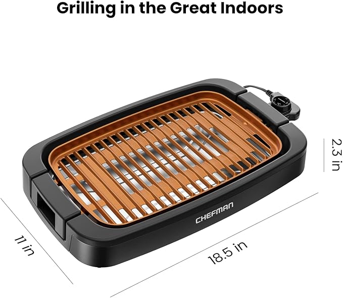 Chefman Smokeless Indoor Electric Grill, Copper, Extra Large, Nonstick Table Top Grill for Indoor Grilling and BBQ with Adjustable Temperature Control, Nonstick Dishwasher-Safe Parts, 9" x 15"