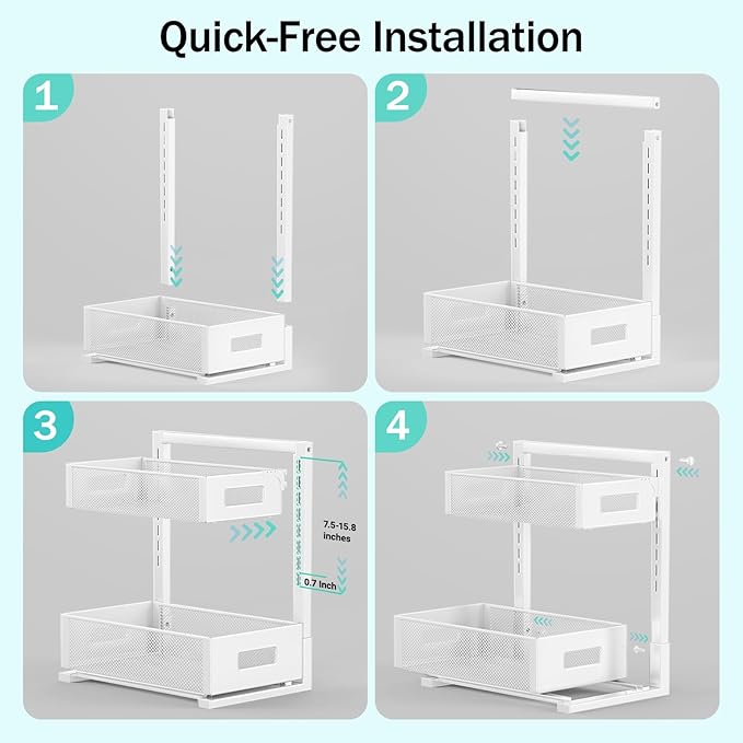Petiza Under Sink Organizer Adjustable Height 2 Tier Bathroom Organizer Pull Out Cabinet Organer kitchen organizers and storage fridge organizers and storage,White,XL-1 Pack