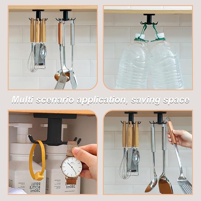 360° Rotating Kitchen Hooks, Adhesive Utensil Organizer Rack with 6 Hooks - No Drill Cabinet Mount for Spoons, Towels & Cups (1pcs)