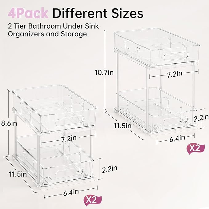 Delamu 2 Tier Snap-Lock Bathroom Under Sink Organizers and Storage, Multi-Purpose Cabinet Drawers with Movable Dividers, Pull Out Organization for Countertop, Kitchen and Pantry(Clear, 4 Pack)