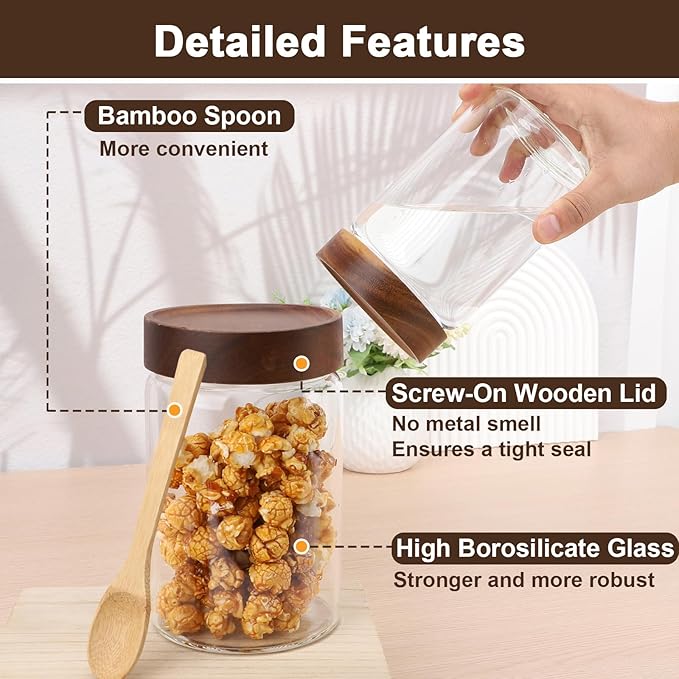 Glass Jar with Wood Lid, 4 Pack 29oz Glass Jars with Airtight Screw Lids, Wide Mouth Coffee and Sugar Containers, Clear Food Storage Canister for Flour, Tea, Oatmeal, Seasoning, Cookie, Candy