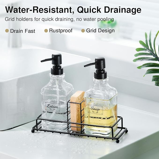 Shinowa Kitchen Soap Dispenser Set, Hand and Dish Soap Dispenser with Tray, 2-Pack Thick Glass Dish Dispenser for Kitchen & Bathroom, Soap and Lotion Dispenser Set Kit with Pump