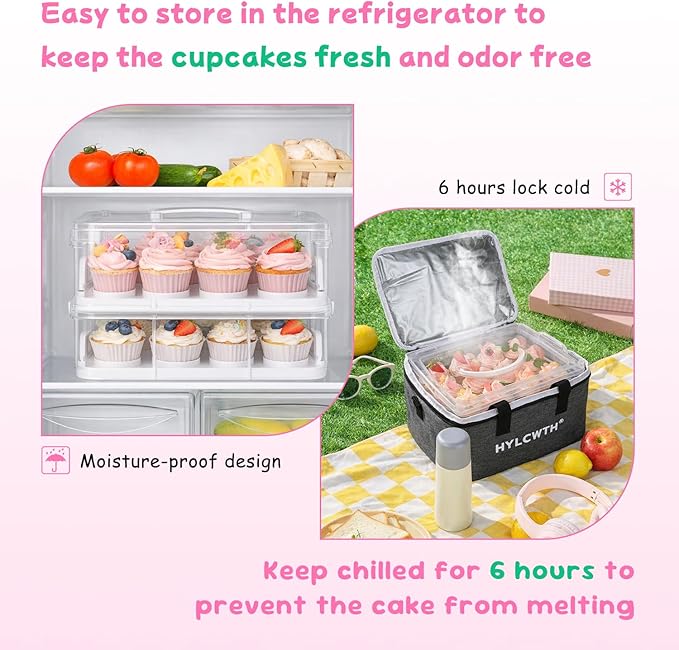 Cupcake Carrier, Cupcake Holder With Lid And Handles, 2-Layer Cupcakes Containers, 24 count Reusable Cupcake Box, Cupcake transport container With Portable Insulated Bag and 200Pcs Cupcake Liners