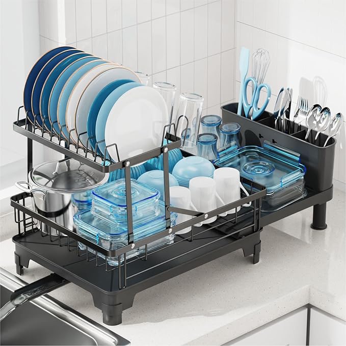GSlife 2 Tier Dish Drying Rack with Drainboard, Expandable Large Dish Drainer for Kitchen Counter, Rust Resistant Dish Drainer with Cup Holder & Utensil Holder, 12.6" W x 18.7"-25.2" L, Black