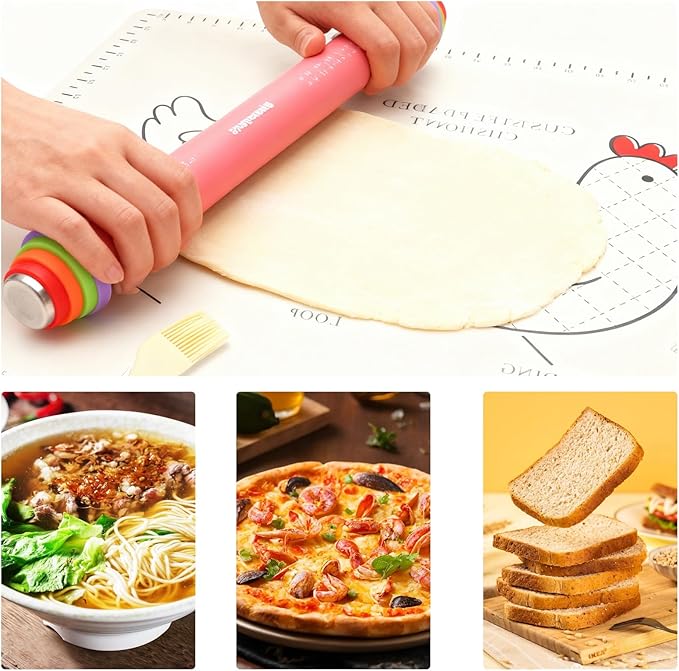 3Pcs Adjustable Rolling Pin Sets with Thickness Rings for Baking,Pastry Dough Roller with Silicone Mat and Brush,Non Stick Silicone Rolling Pin for Dough Cookie Baking Supplies Kitchen Accessories