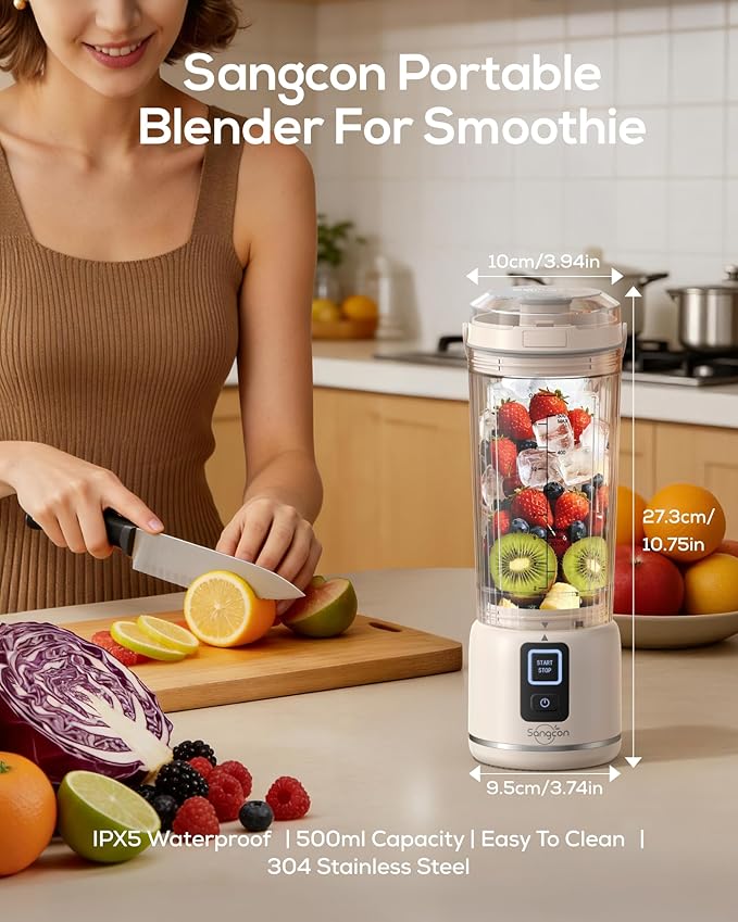 Sangcon Personal Portable Blender for Shakes & Smoothies, 6000mAh Cordless USB-C Rechargeable Blender with 2 Blend Modes, Leakproof Travel Lid, Dishwasher Safe, Ideal for Gym Office Kitchen, BPA-Free