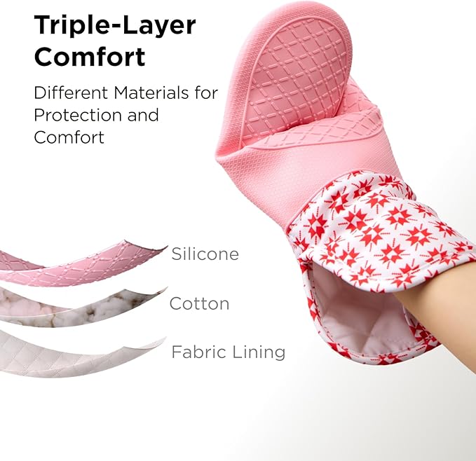 Kitchen Mama UltraShield Silicone Oven Mitts – Heat Resistant, Non-Slip Surface, Durable, Safe, Pot Holders, Flexible Waterproof Glove Set, Perfect for Cooking, Baking, Grilling, BBQ (Gem-Red)