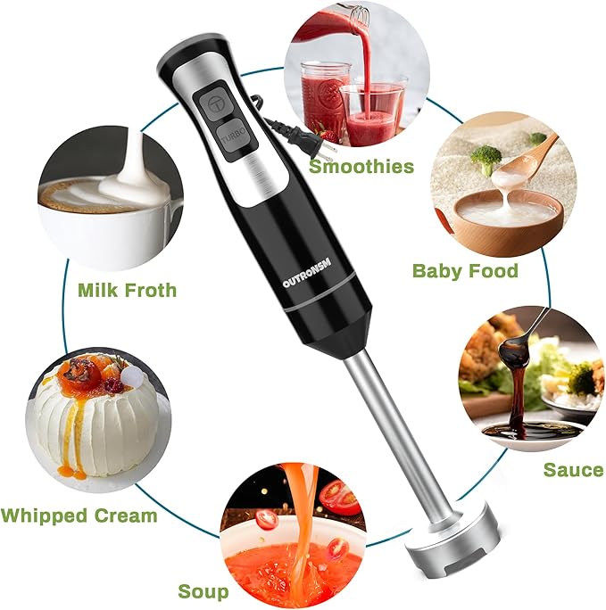 Immersion Blender Handheld, Hand Blender with 500ml Food Chopper, 600ml Container, Milk Frother, Egg Whisk, Puree Infant Food, Smoothies, Sauces and Soups – Black