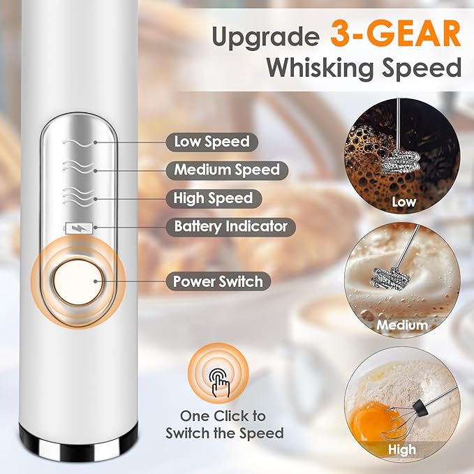Milk Frother Handheld, Rechargeable Coffee Frother Wand with 2 Stainless Whisks 3 Speeds, Drink Mixer, Electric Foam Maker, Hand Mixer for Lattes, Cappuccino, Matcha, Egg, White