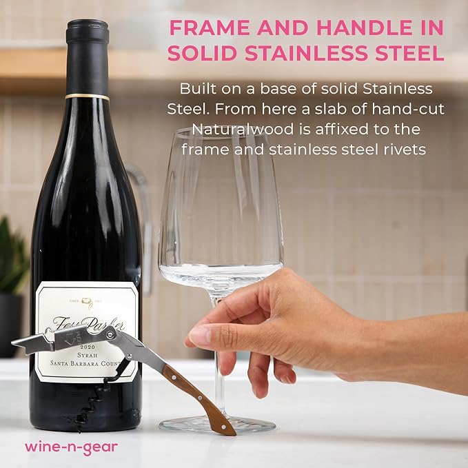 Pocket Prestige Waiters Corkscrew By Coutale Sommelier - Naturalwood - French Patented Spring-Loaded Double Lever Wine Bottle Opener for Bartenders and Gifts - Sharp Micro-Serrated Knife