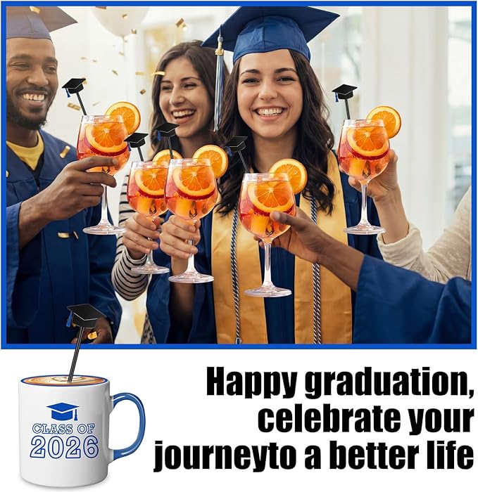 SiliFine 30 Pcs Graduation Cap Drink Stirrers Graduation Stir Sticks Coffee Stirrers Cocktail Mixers Plastic Swizzle Sticks Hot Cocoa Bar Supplies for Party Bar Coffee Tea Favors (Blue)