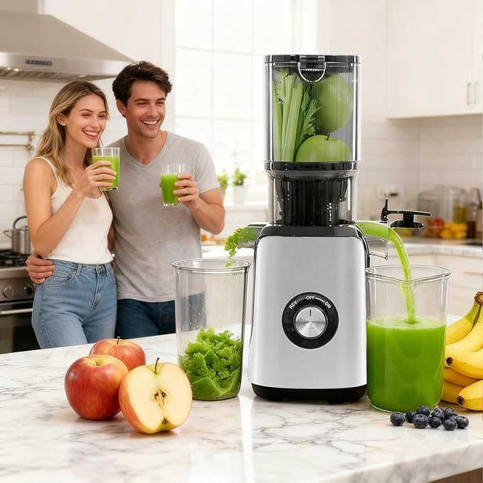 NEWBULIG Cold Press Juicer Machines, Masticating Juicer with High Juice Yield, Reverse Function, Stops Oxidation and Easy to Clean for Vegetables & Fruits, Silver