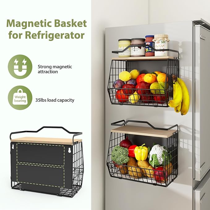 Wawocs Magnetic Shelf for Fridge with Wood Lid, 2 Tier Fruit Baskets Wall Mounted Hanging Basket with 4 Hanger Hooks, Potato and Onion Magnetic Storage Bins for Kitchen Counter, Refrigerator, Cabinet