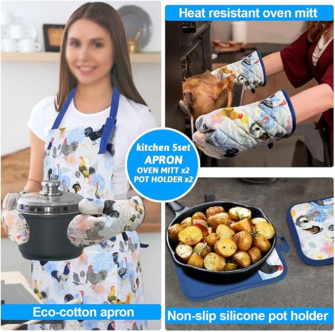 Alselo Oven Mitts and Pot Holders with Chef Apron,Set of 5 Heat Resistant Kitchen Gloves and Silicone Non-Slip Potholders Adjustable Neck Buckle Chef Apron, Cotton Nice Design for Cooking (Rooster)