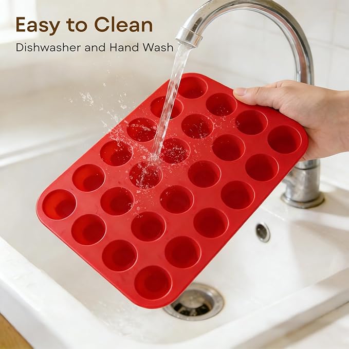 Silicone Muffin Pans for Baking Nonstick 2 Pcs, 24 Cup Mini Cupcake Pan, Food-Grade Silicone Baking Molds for Cupcakes, Freezer, Red