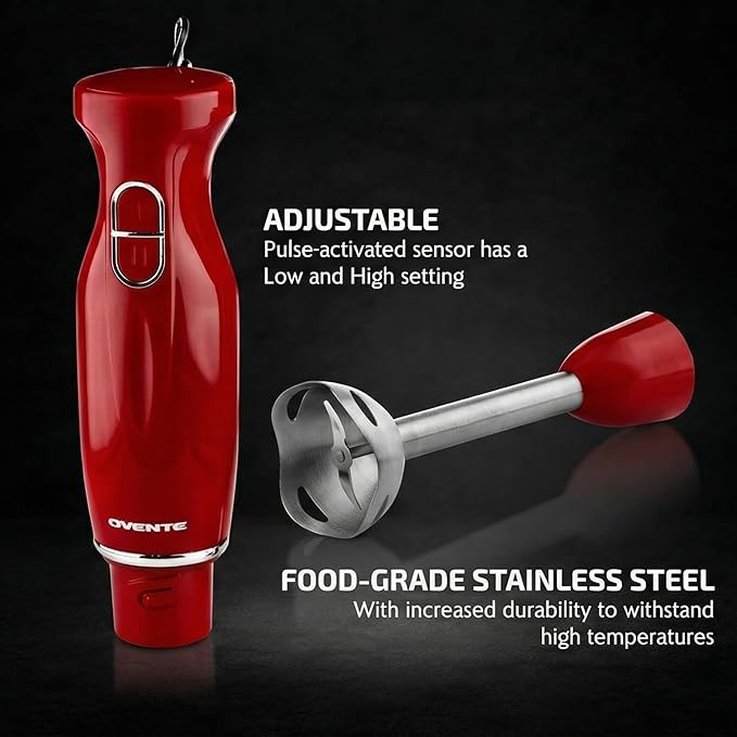 OVENTE Immersion Hand Blender, 300W Electric Handheld Stick Mixer with 2 Mixing Speeds and Stainless Steel Blades for Smoothies, Purees & Baby Food, Red HS560R