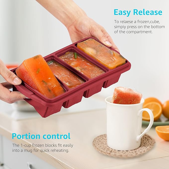 Ztomine Silicone Freezer Tray With Lid - Silicone Freezer Food Molds- Large Ice Cube Tray,Silicone Freezer Container,Freeze & Store Soup, Sauce, Broth,Leftovers - Makes 4 Perfect 1 Cup