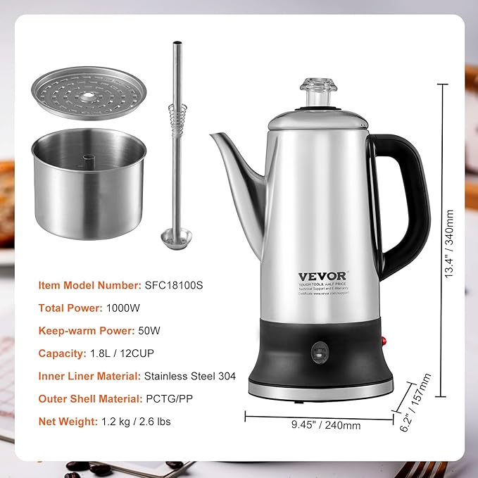 VEVOR 12-Cup Electric Percolator Coffee Pot, 304 Stainless Steel Body Coffee Percolator with Keep Warm Function & Heat-Resistant Handle, Classic Coffee Maker, Quick Brew & Easy-Pour Spout, Silver