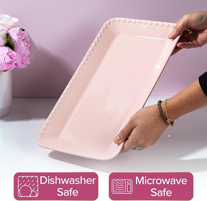 Paris Hilton Rectangle Ceramic Stoneware Serving Platter Tray, Embossed Hearts, Microwave Safe, 15x8-Inch, Pink