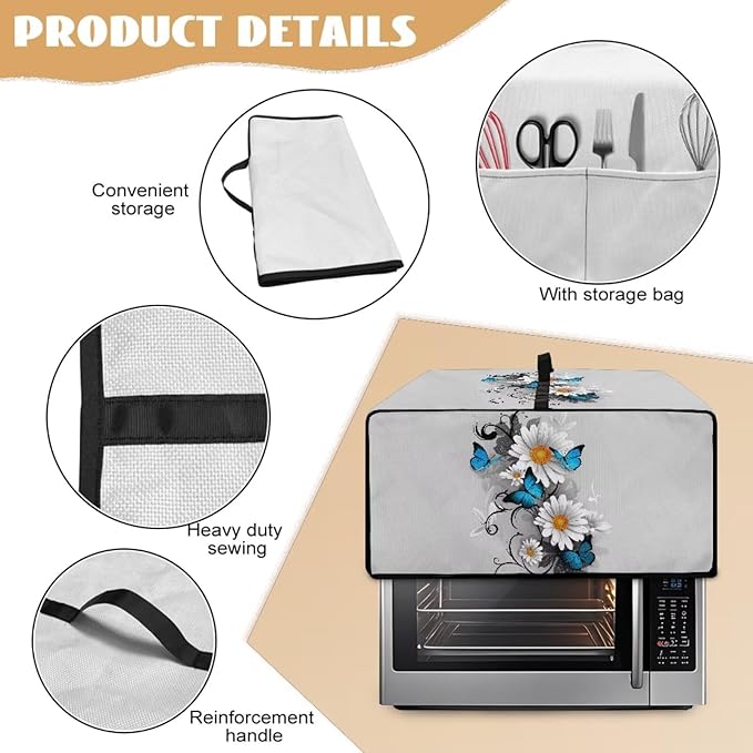 Toaster Oven Cover Dust-Proof Countertop Convection Oven Cover Protective Smart Microwave Oven Accessories and Decor, M, 16.5 x 20.5 x 10 inches, Daisy Butterfly Gray