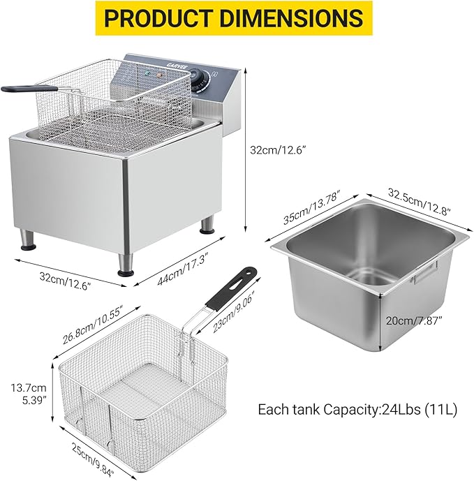 GarveeHome Commercial 11 L/3.3 gal Deep Fryer 1700W,201 Stainless Steel Electric Fryer with Adjustable Thermostat, Extra-Thick 6 LB Basket & Splash Guard Lid for Restaurant, Food Truck, Home Kitchen